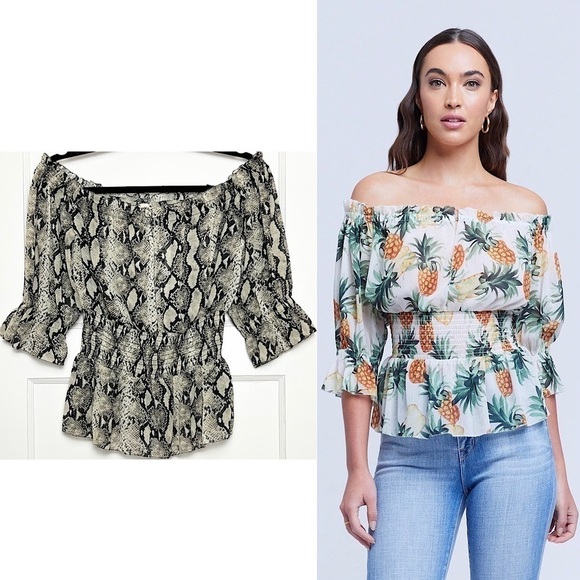 NWT L’AGENCE 70s Off Shoulder Snake Print Smock Waist Ruffle Trim Chiffon Top XS - Picture 1 of 9